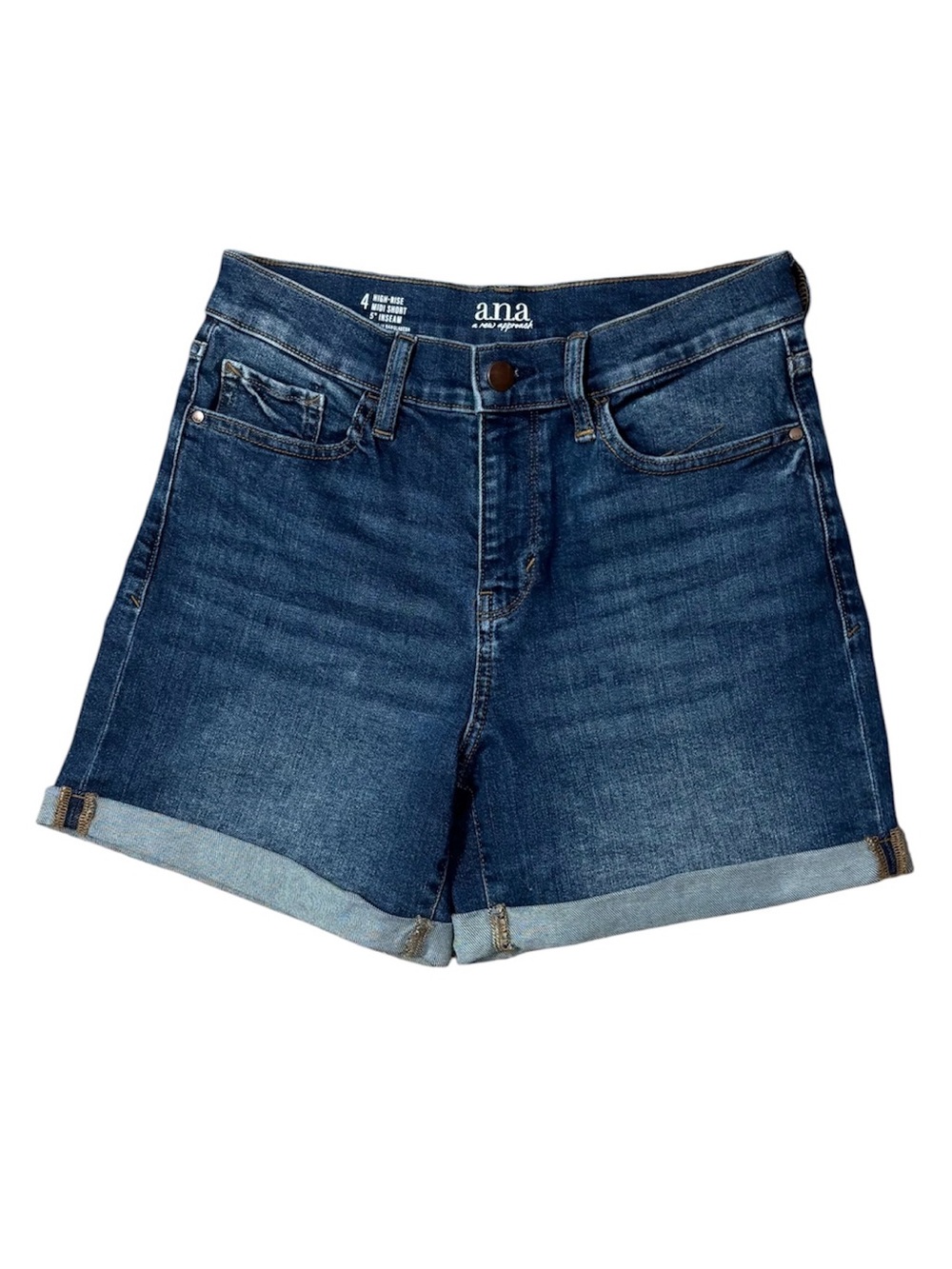 a.n.a Dark Indigo Roll-Cuff Jean High Rise Midi Shorts 5 Inch Inseam Stretch